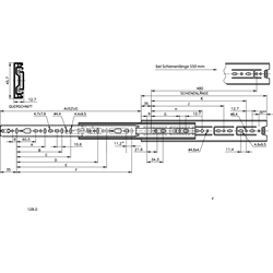 Auszugschienensatz DZ 3832 Schienenlänge 600mm hell verzinkt, Technische Zeichnung