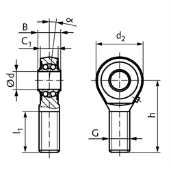 Gelenkkopf BR DIN ISO 12240-4 Maßreihe K Außengewinde M8 links mit Pendelkugellager, Technische Zeichnung