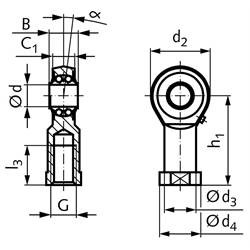 Gelenkkopf BR-R DIN 12240-4 Maßreihe K Innengewinde M20 links mit Pendelkugellager rostfrei, Technische Zeichnung