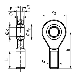 Gelenkkopf GAW DIN 12240-4 Maßreihe E Außengewinde M16 links wartungsfrei, Technische Zeichnung