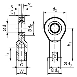 Gelenkkopf GEW DIN 12240-4 Maßreihe E Innengewinde M10 links wartungsfrei, Technische Zeichnung