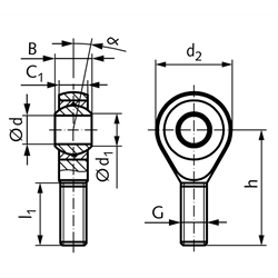 Gelenkkopf GT-R DIN ISO 12240-4 Maßreihe K Außengewinde M12 links wartungsfrei und rostfrei, Technische Zeichnung