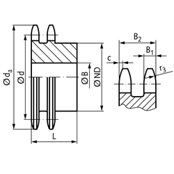 Zweifach-Kettenrad ZRG mit einseitiger Nabe 10 B-2 5/8x3/8" 8 Zähne Mat. Stahl Zähne induktiv gehärtet, Technische Zeichnung