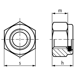 Sechskantmutter DIN 982 (ähnlich DIN EN ISO 7040) mit Klemmteil aus Polyamid M12 Stahl verzinkt Festigkeit 10, Technische Zeichnung