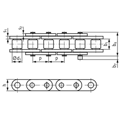 Einfach-Rollenkette ähnlich DIN ISO 606 16 B-1-GLH mit geraden Laschen hohe Ausführung, Technische Zeichnung