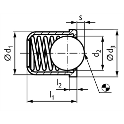 Federndes Druckstück d1=3mm Ausführung GN glatt Hülse und Kugel Edelstahl, Technische Zeichnung