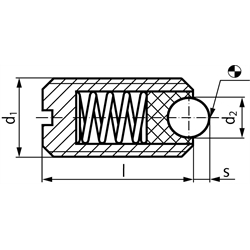 Federndes Druckstück M6 mit beweglicher Kugel und Schlitz verstärkt Edelstahl, Technische Zeichnung