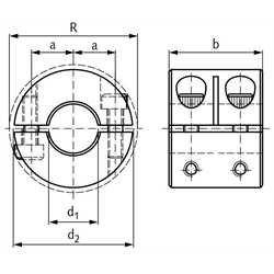 Geteilter Klemmring breit Stahl C45 brüniert Bohrung 25mm mit Schrauben DIN 912 12.9, Technische Zeichnung