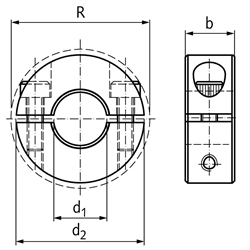 Geteilter Klemmring Aluminium Bohrung 1,375 Zoll = 34,925mm mit Schrauben DIN 912 A2-70, Technische Zeichnung