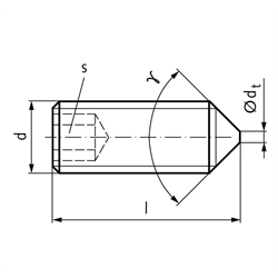 Gewindestift ISO 4027 (ex DIN 914) mit Innensechskant und Spitze Edelstahl A2 M6 x 6mm, Technische Zeichnung