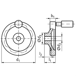 Scheiben-Handrad 323 Ausführung B/G mit drehbarem Griff Durchmesser 140mm , Technische Zeichnung