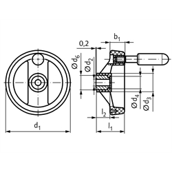 Speichenhandrad 522 aus Kunststoff mit drehbarem Zylindergriff Durchmesser 200mm, Technische Zeichnung