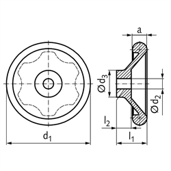 Scheibenhandrad DIN 3670 mit Griffmulden Ausführung N Durchmesser 200mm mit Bohrung 18H7 und Nut, Technische Zeichnung