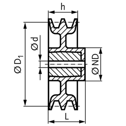 Keilriemenscheibe aus Aluminium Profil XPA, SPA und A (13) 2-rillig Nenndurchmesser 125mm, Technische Zeichnung