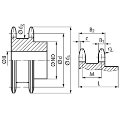 Doppel-Kettenrad ZRENG für 2 Einfach-Rollenketten 16 B-1 1"x17,02mm 15 Zähne Material Stahl Zähne gehärtet, Technische Zeichnung