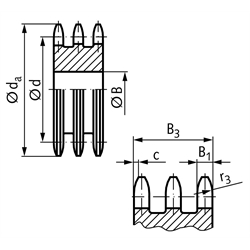 Dreifach-Kettenradscheibe DRL ohne Nabe 06 B-3 3/8x7/32" 57 Zähne Mat. Stahl , Technische Zeichnung