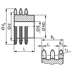 Dreifach-Kettenrad DRS mit einseitiger Nabe 08 B-3 1/2x5/16" 12 Zähne Mat. Stahl , Technische Zeichnung