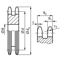 Zweifach-Kettenradscheibe ZRL ohne Nabe 05 B-2 Tlg. 8mm 23 Zähne Mat. Stahl , Technische Zeichnung