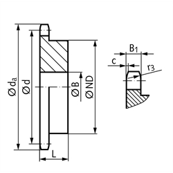 Kettenrad KRG mit einseitiger Nabe 10 B-1 5/8x3/8" 23 Zähne Material Stahl Zähne induktiv gehärtet, Technische Zeichnung