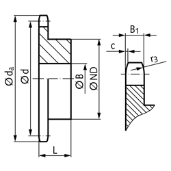 Kettenrad KRR mit einseitiger Nabe 16B-1 1"x17,02mm 24 Zähne Mat. 1.4301, Technische Zeichnung