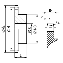 Kettenrad KRS mit einseitiger Nabe 10 B-1 5/8x3/8" 16 Zähne Mat. Stahl , Technische Zeichnung