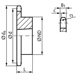 Kettenrad KRTG 20 B-1 1 1/4"x3/4" 19 Zähne Material Stahl Verzahnung gehärtet für Taper-Spannbuchse Typ 2517 , Technische Zeichnung