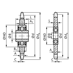 Kettenspannrad KSP-R Material 1.4301 06 B-1 3/8x7/32" 21 Zähne mit Kugellager, Technische Zeichnung