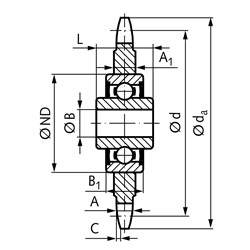 Kettenspannrad KSP 20 B-1 1 1/4x3/4" 13 Zähne mit Kugellager , Technische Zeichnung