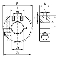 Geschlitzter Klemmring aus Stahl C45 brüniert Bohrung 50mm mit Schraube DIN 912 12.9 Ausf. GR, Technische Zeichnung