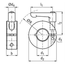 Geschlitzter Klemmring Aluminium Bohrung 15mm mit verstellbarem Klemmhebel M5 x 14 Länge 30mm, Technische Zeichnung