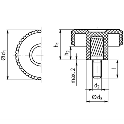 Kordelgriffschraube aus Thermoplast Durchmesser 60mm Außengewinde M12 x 50mm , Technische Zeichnung