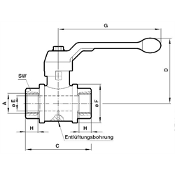 Kugelhahn aus Messing voller Durchfluss mit Entlüftung Gewinde G1/4 , Technische Zeichnung