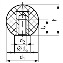 Kugelknopf ähnlich DIN 319 Form E Gummi NBR mit Stahlgewindebuchse Durchmesser 32mm M10, Technische Zeichnung