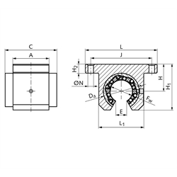 Linearlagereinheit KG-3-KO ISO-Reihe 3 mit Linear-Kugellager mit Winkelausgleich mit Doppellippendichtung für Wellen-Ø 20mm offene Ausführung, Technische Zeichnung