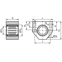 Linearkugellagereinheit KG-1 ISO-Reihe 1 Premium mit Doppellippendichtung für Wellendurchmesser 25mm, Technische Zeichnung