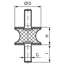 Metall-Gummipuffer Typ AT mit beidseitigem Außengewinde Durchmesser 75mm Höhe 40mm Gewinde M12x37 , Technische Zeichnung
