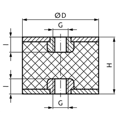 Metall-Gummipuffer MGI mit beidseitigem Innengewinde Durchmesser 40mm Höhe 40mm Gewinde M8 x 8mm Edelstahl 1.4301 , Technische Zeichnung