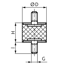 Metall-Gummipuffer MGP Durchmesser 40mm Höhe 30mm Gewinde M10 x 28mm Edelstahl 1.4301 , Technische Zeichnung