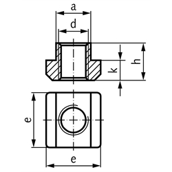 Mutter DIN 508 für T-Nut 10mm DIN 650 Gewinde M8 Material 1.4571, Technische Zeichnung