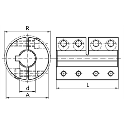 Geteilte Schalenkupplung MAT beidseitig Bohrung 50mm mit Nut Edelstahl 1.4305 mit Schrauben DIN 912 A2-70 , Technische Zeichnung