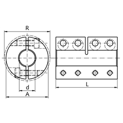 Geteilte Schalenkupplung MAT beidseitig Bohrung 4mm ohne Nut Edelstahl 1.4305 mit Schrauben DIN 912 A2-70 , Technische Zeichnung