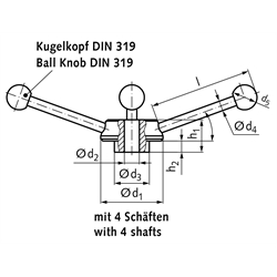 Schaltkreuz 2130 St Nabendurchmesser 50mm Kugelknopf aus Kunststoff , Technische Zeichnung