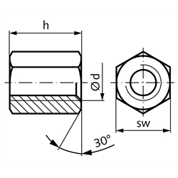 Sechskantmutter mit Trapezgewinde DIN 103 Tr.16 x 4 eingängig links Länge 24mm Schlüsselweite 27mm Stahl C35Pb , Technische Zeichnung