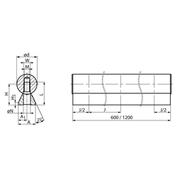 Präzisions-Wellenstahl mit Wellenunterstützung niedrige Ausführung Ø 30h6 x 1200mm lang, Technische Zeichnung