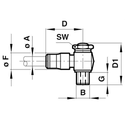 Winkel-Schwenkverbindung mit Dichtring Rohr-Außendurchmesser 6mm Gewinde G1/4A , Technische Zeichnung