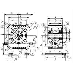 Schneckengetriebe ZM/I, Größe 50, Abtrieb mit Hohlwelle, Technische Zeichnung