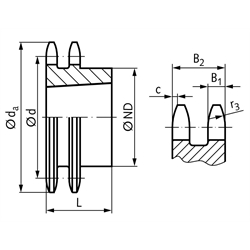 Zweifach-Kettenrad ZRT 12 B-2 3/4x7/16" 26 Zähne Material Stahl für Taper-Spannbuchse Typ 2517 , Technische Zeichnung