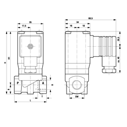 2/2 Wegeventile, DN 10, kurze Bauform, Technische Zeichnung