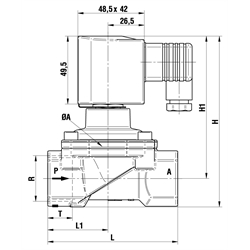 2/2 Wegeventil DN 25 Anschlußgewinde G1 230V 50/60Hz , Technische Zeichnung