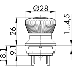 Not-Halt-Taster 2Ö/1S, Einbau-Ø 22,3mm, Flachstecker , Technische Zeichnung